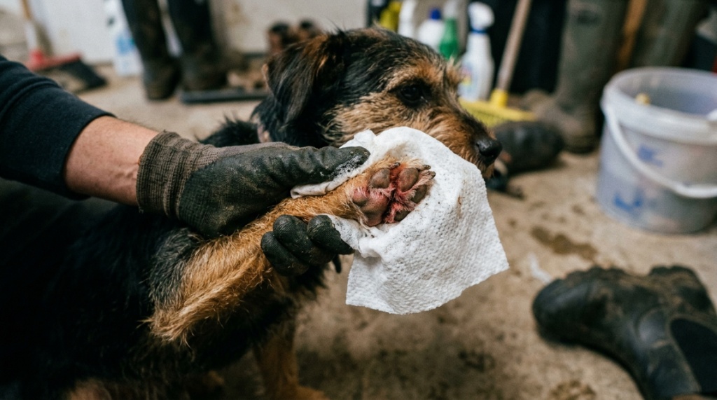 Person wiping a dog paw with a chemical disinfectant wipe.
