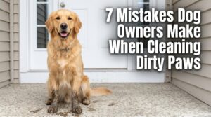 Golden retriever with muddy paws sitting outside a clean front door.