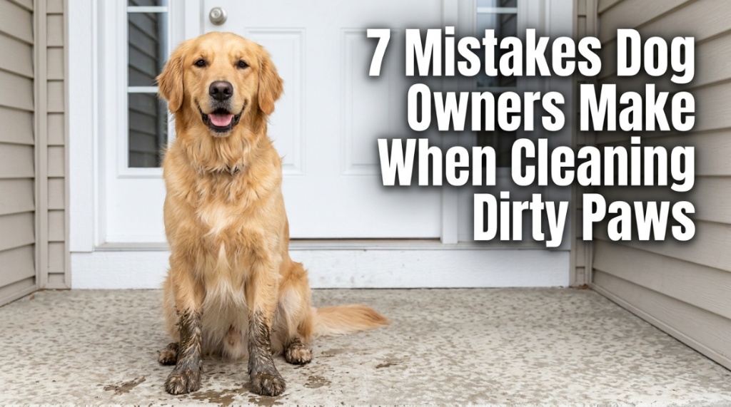 Golden retriever with muddy paws sitting outside a clean front door.