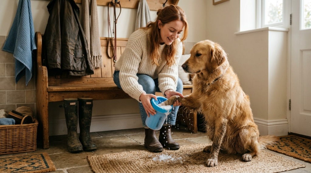 Owner gently cleaning a dog's muddy paw using a silicone washing cup.