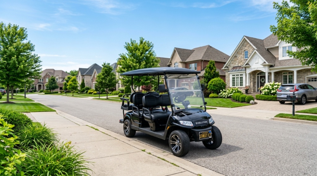 A modern street-legal golf cart parked on a sunny suburban neighborhood street.
