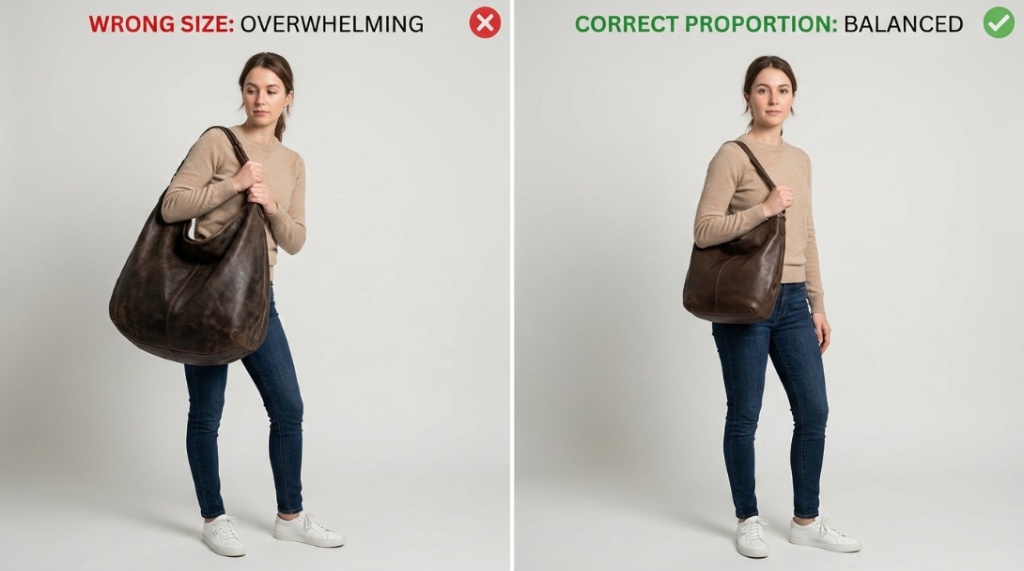 A woman wearing an oversized hobo shoulder bag that looks disproportionately large.