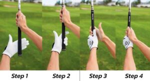 Close-up of correct golf grip technique on club handle