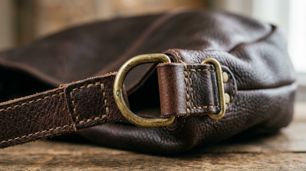 Close-up of the stitching and metal hardware on a leather hobo shoulder bag.