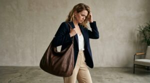 A woman holding an overstuffed, sagging hobo shoulder bag with a frustrated expression.