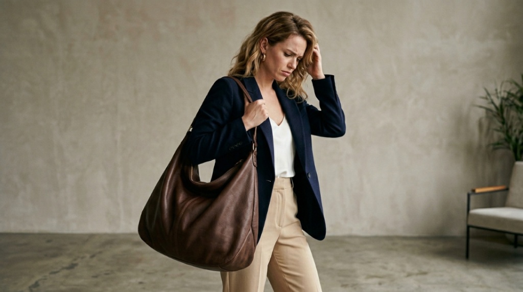 A woman holding an overstuffed, sagging hobo shoulder bag with a frustrated expression.