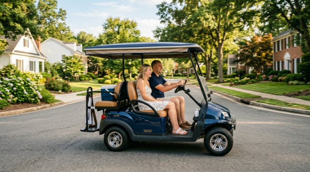 A smiling couple driving a golf cart through a quiet suburban neighborhood.
