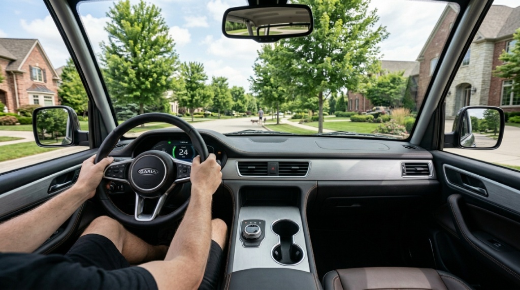 Close-up of a digital dashboard and steering wheel inside a street-legal golf cart.