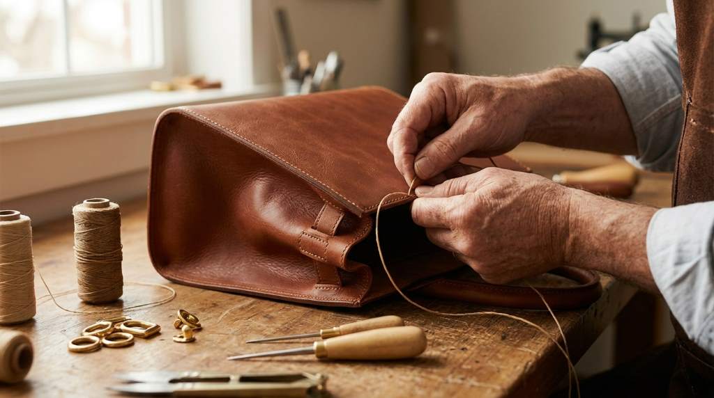 Luxury leather handbag with premium craftsmanship details