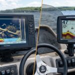 Split screen showing cheap and expensive fish finder screens on a boat.