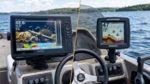 Split screen showing cheap and expensive fish finder screens on a boat.