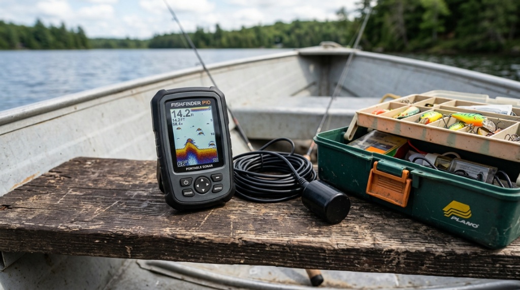 Budget portable sonar unit resting on a boat bench.