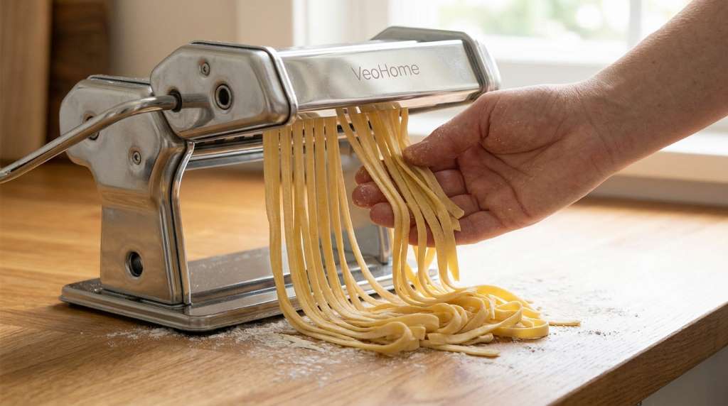 Homemade fettuccine drying on VeoHome pasta rack
