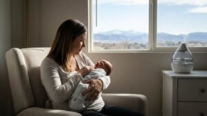 Newborn sleeping peacefully in a Denver nursery