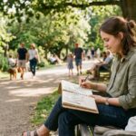 Person sketching in a notebook outdoors on a sunny afternoon