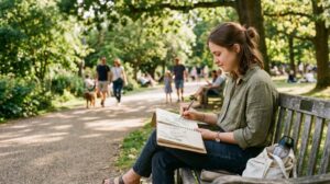 Person sketching in a notebook outdoors on a sunny afternoon