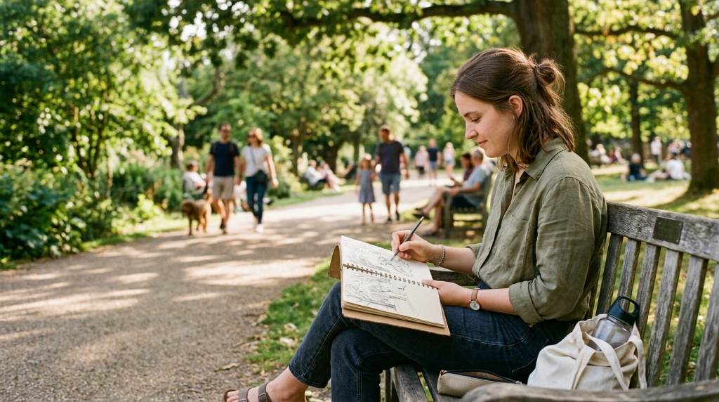 Person sketching in a notebook outdoors on a sunny afternoon