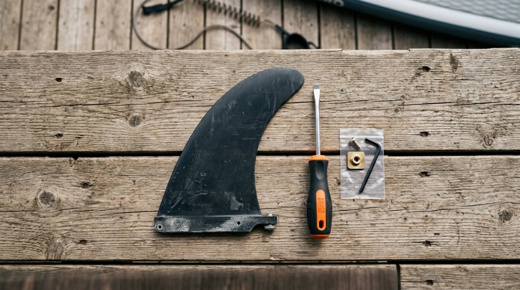 SUP fin repair tools and replacement hardware laid out flat.