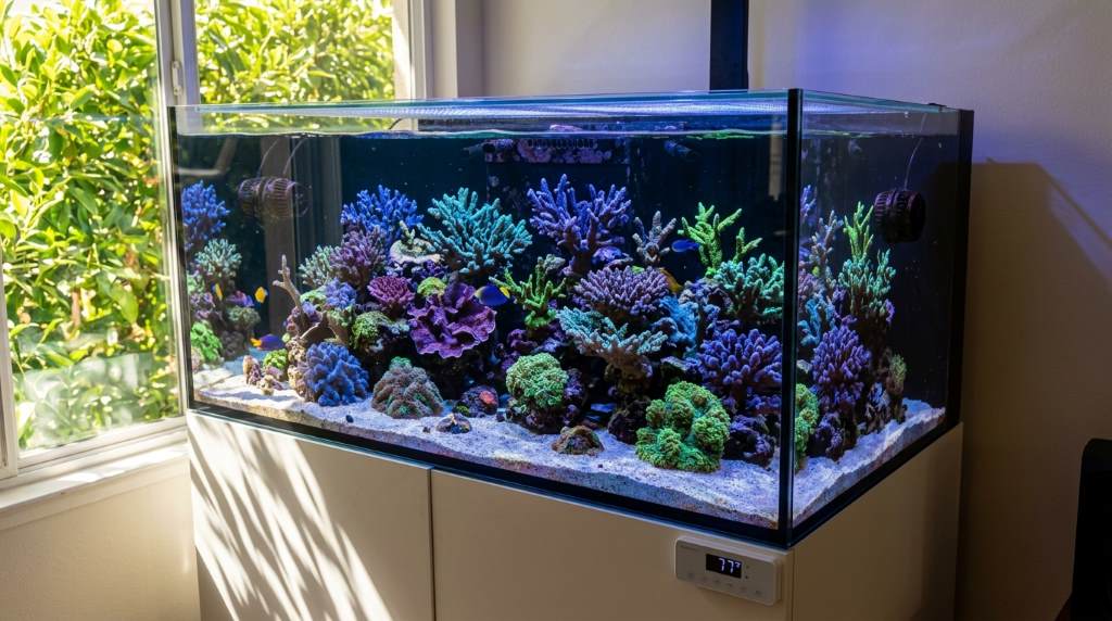 Saltwater aquarium with suspended sand particles