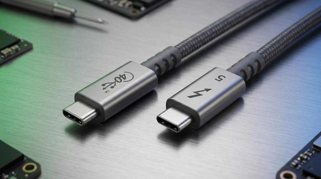 Side-by-side comparison of USB 4 and Thunderbolt 5 docking stations on a desk