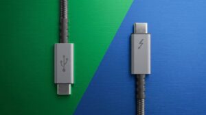 USB 4 vs Thunderbolt 5 speed comparison chart on a laptop screen