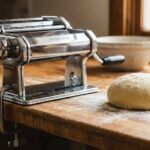 VeoHome manual pasta maker with hand crank on kitchen counter