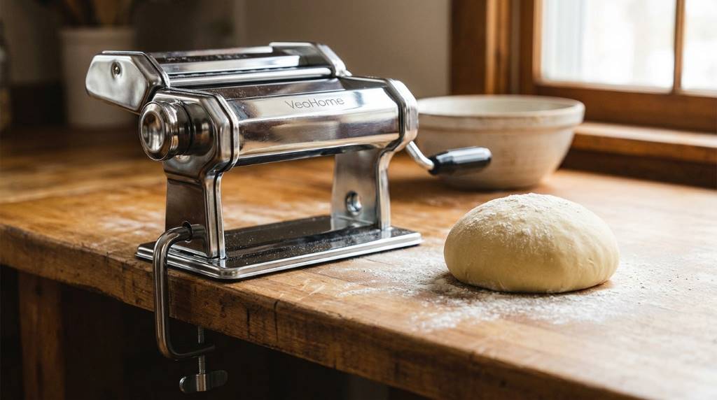 VeoHome manual pasta maker with hand crank on kitchen counter