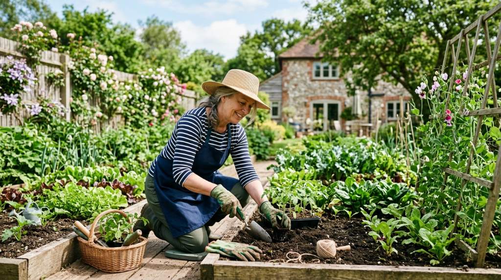 Woman gardening in a backyard vegetable garden on a spring morning