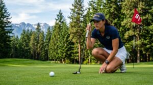 Golfer lining up a precision putt on a lush green in Washington.