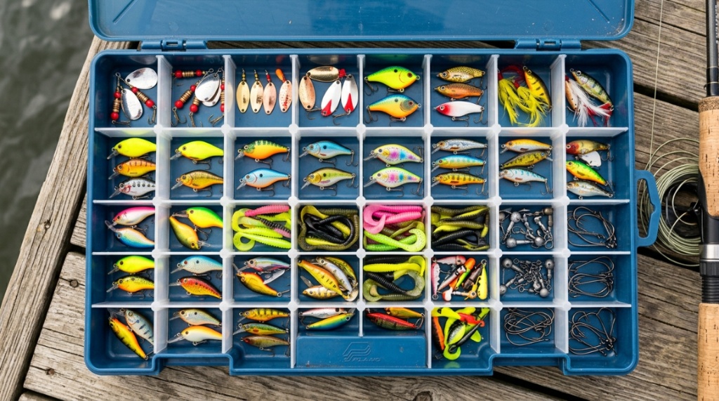 Angler placing a fishing lure into a clear plastic divider tray.