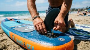 Hands tightening a loose center fin on a paddleboard on a beach.