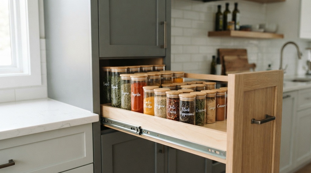 Glass spice jars neatly arranged inside a modern slide-out kitchen pantry cabinet drawer.