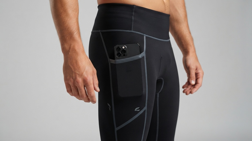 Close-up of a smartphone inside a water-resistant side pocket on surf leggings.