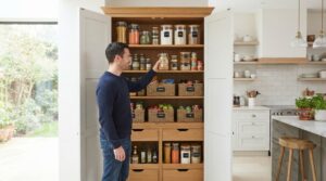 A man reaching for a jar inside a fully organized tall wooden kitchen pantry cabinet.