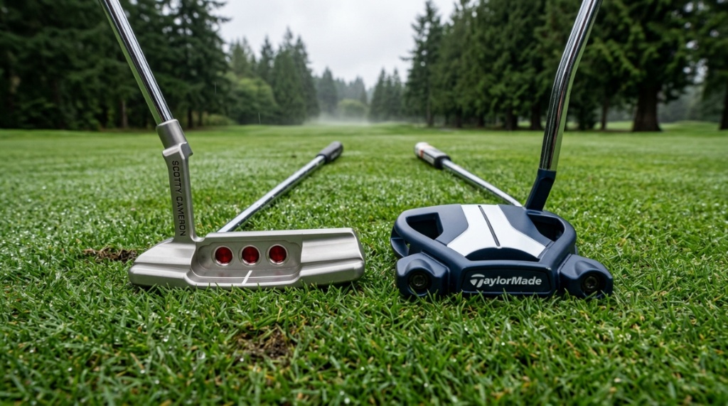 Blade and mallet golf putters resting on damp Pacific Northwest grass.