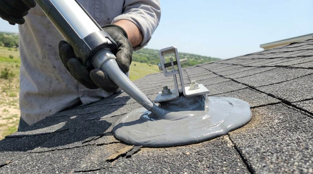 Applying roofing sealant around roof bracket screws