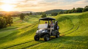 Modern electric golf cart driving up a steep green fairway slope.