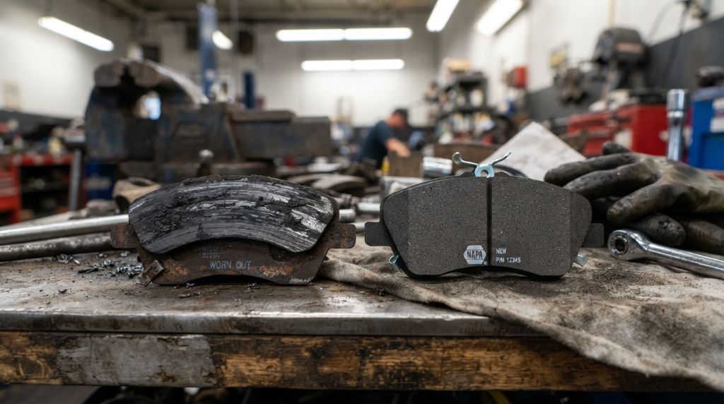 Worn brake pads showing signs of replacement