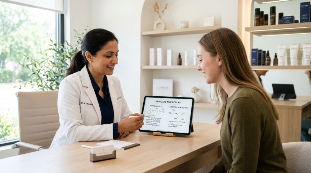 Dermatologist pointing at active skincare ingredients on a tablet screen.