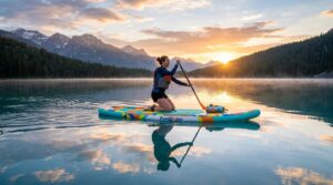 Person paddling a FunWater inflatable SUP board on a calm lake at sunrise.