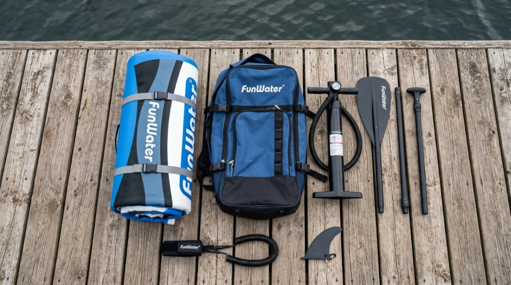 FunWater inflatable SUP board laid out with its paddle and pump on a dock.