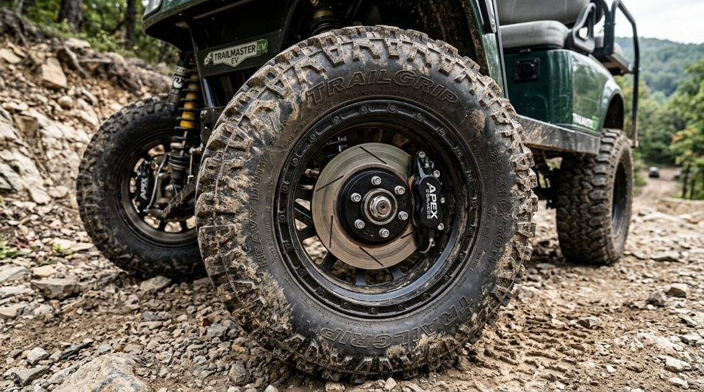 Close-up of heavy-duty treaded tires and brakes on a golf cart.