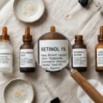 Magnifying glass focusing on skincare ingredient labels on amber bottles.