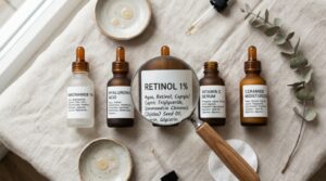 Magnifying glass focusing on skincare ingredient labels on amber bottles.