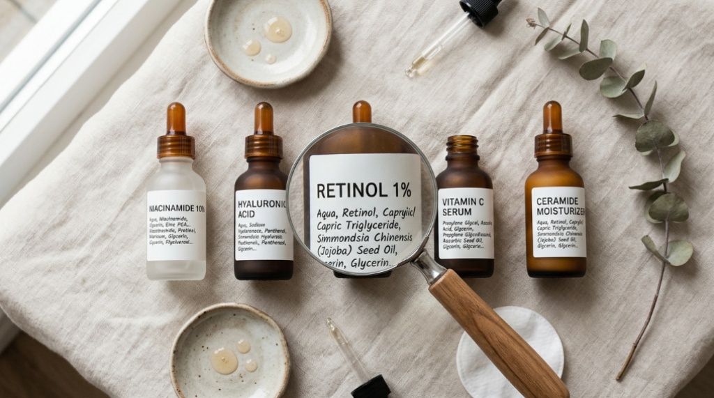Magnifying glass focusing on skincare ingredient labels on amber bottles.