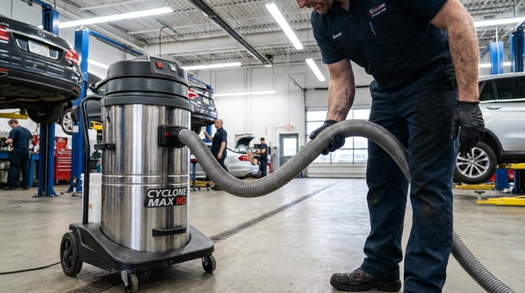 Mechanic testing a heavy-duty shop vacuum hose.