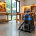 Workshop vacuum cleaner standing on a clean garage floor.