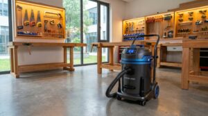 Workshop vacuum cleaner standing on a clean garage floor.
