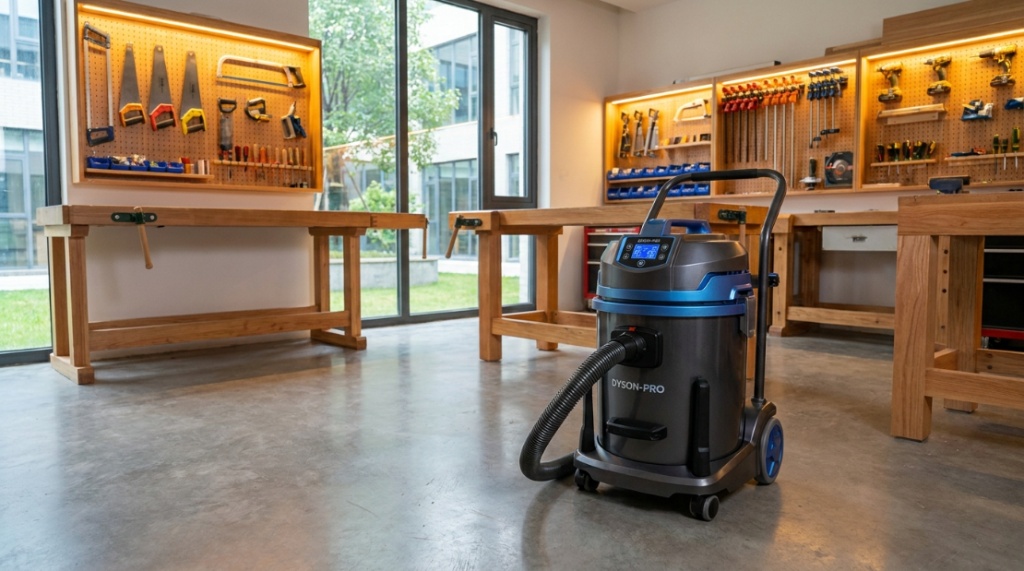 Workshop vacuum cleaner standing on a clean garage floor.